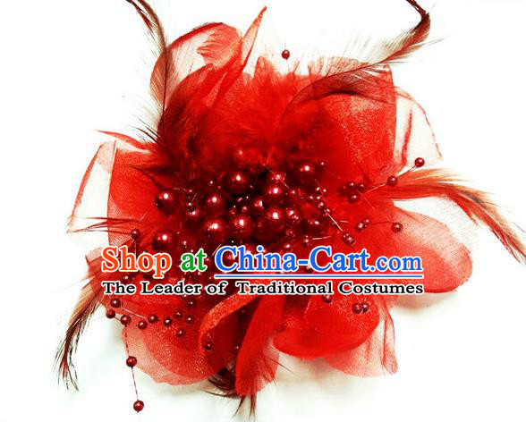 Traditional Chinese Folk Dance Headwear Yangko Hair Accessories, Chinese Classical Dance Red Feather Headpiece Hair Pin for Women