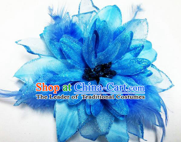 Traditional Chinese Folk Dance Headwear Yangko Hair Accessories, Chinese Classical Dance Blue Peony Flower Headpiece Hair Pin for Women