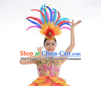 Traditional Chinese Folk Dance Feather Headwear Yangko Hair Accessories, Chinese Classical Dance Opening Dance Headpiece Hair Pin for Women