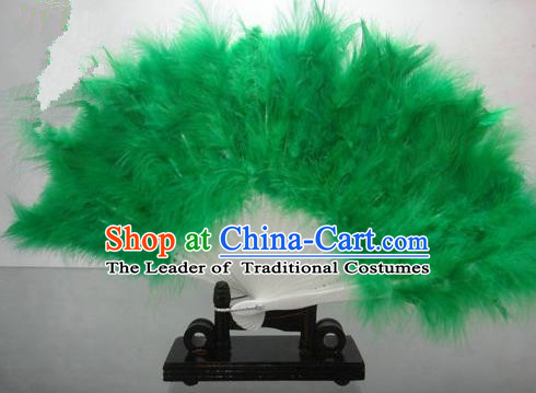 Traditional Chinese Folk Dance Fan, Chinese Classical Dance Green Feather Fans for Women
