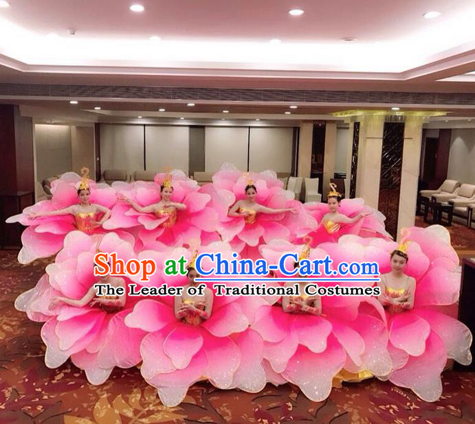 Traditional Chinese Modern Dancing Compere Costume, Women Opening Classic Chorus Singing Group Dance Uniforms, Modern Dance Classic Dance Pink Flowers Dress for Women