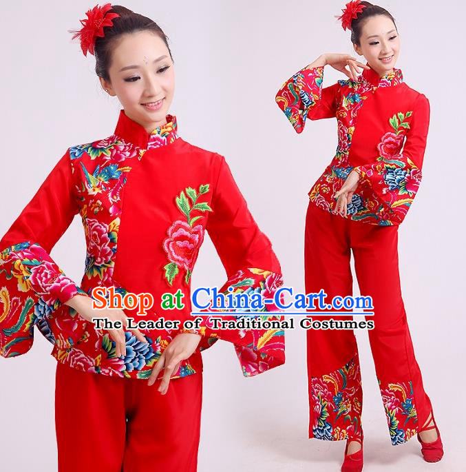 Traditional Chinese Yangge Fan Dancing Costume, Folk Dance Yangko Mandarin Sleeve Uniforms Drum Dance Red Clothing for Women