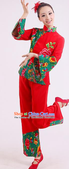 Traditional Chinese Yangge Fan Dancing Costume, Folk Dance Yangko Mandarin Sleeve Uniforms Drum Dance Green Clothing for Women