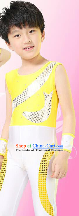 Chinese Modern Dance Costume, Children Opening Classic Chorus Singing Group Uniforms, Modern Dance Yellow Gym Suit for Boys Kids
