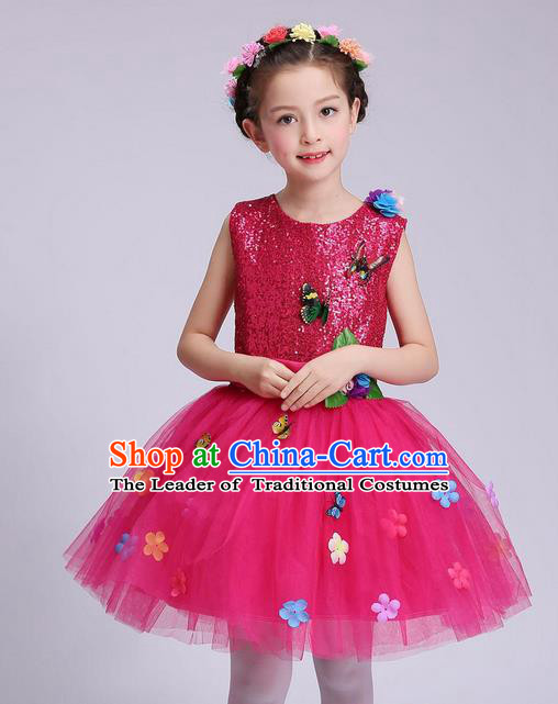 Chinese Modern Dance Compere Performance Costume, Children Opening Dance Chorus Dress, Classic Dance Pink Veil Bubble Dress for Girls Kids