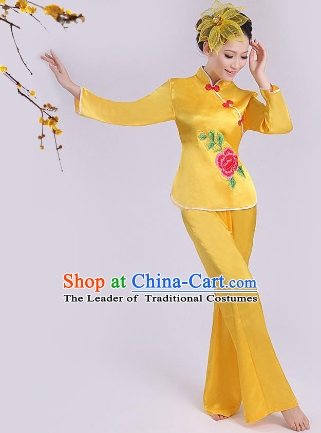 Traditional Chinese Yangge Fan Dancing Costume, Folk Dance Yangko Costume Drum Dance Yellow Clothing for Women