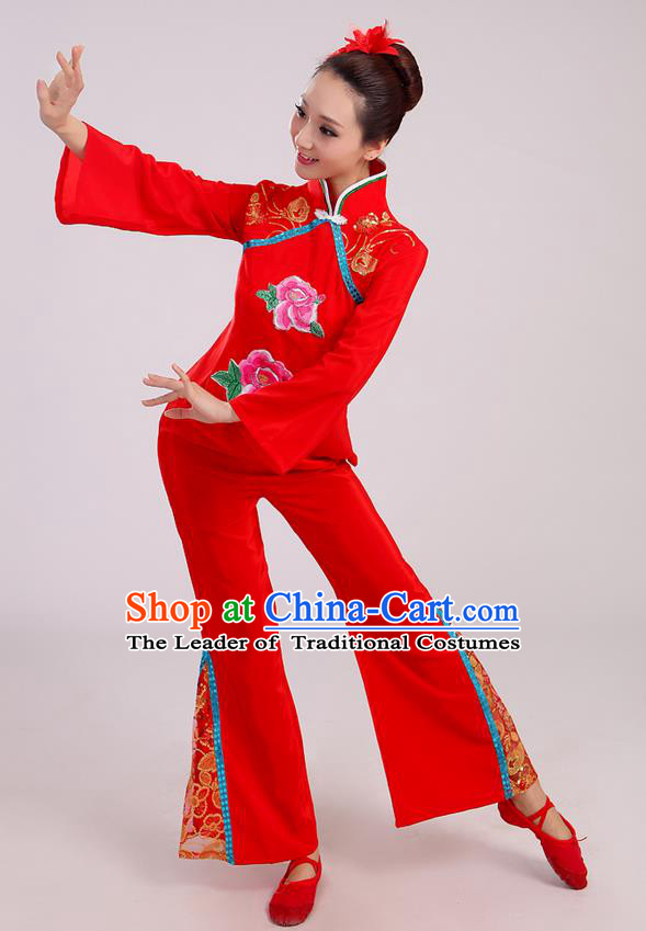 Traditional Chinese Yangge Fan Dancing Costume, Folk Dance Yangko Mandarin Sleeve Uniform Drum Dance Red Clothing for Women