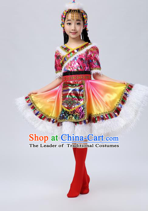 Traditional Chinese Zang Nationality Dancing Costume, Tibetan Female Folk Dance Ethnic Pleated Skirt, Chinese Tibetan Minority Yellow Dress for Women