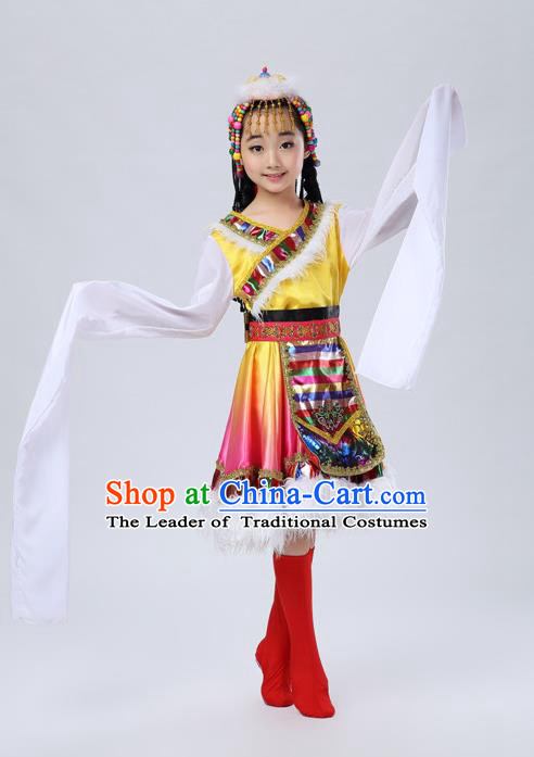 Traditional Chinese Zang Nationality Dancing Costume, Tibetan Children Folk Dance Ethnic Pleated Skirt, Chinese Tibetan Minority Water Sleeve Yellow Dress for Kids