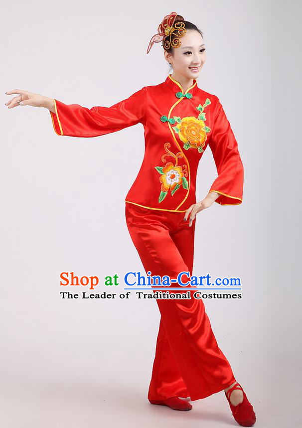 Traditional Chinese Classical Dance Yangge Fan Dance Costume, Folk Dance Drum Dance Peony Uniform Yangko Red Clothing for Women