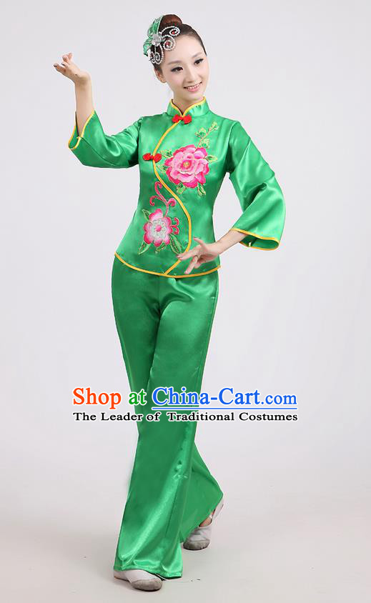 Traditional Chinese Classical Dance Yangge Fan Dance Costume, Folk Dance Drum Dance Peony Uniform Yangko Green Clothing for Women