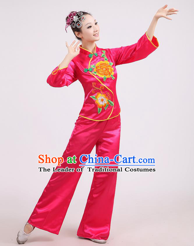 Traditional Chinese Classical Dance Yangge Fan Dance Costume, Folk Dance Drum Dance Peony Uniform Yangko Rose Clothing for Women