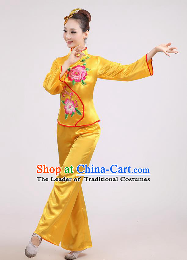 Traditional Chinese Classical Dance Yangge Fan Dance Costume, Folk Dance Drum Dance Peony Uniform Yangko Yellow Clothing for Women