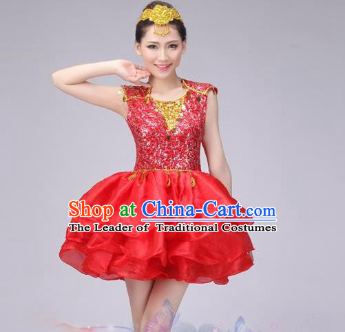Traditional Chinese Modern Dance Costume, China Style Women Opening Dance Chorus Group Uniforms Red Paillette Short Bubble Dress for Women