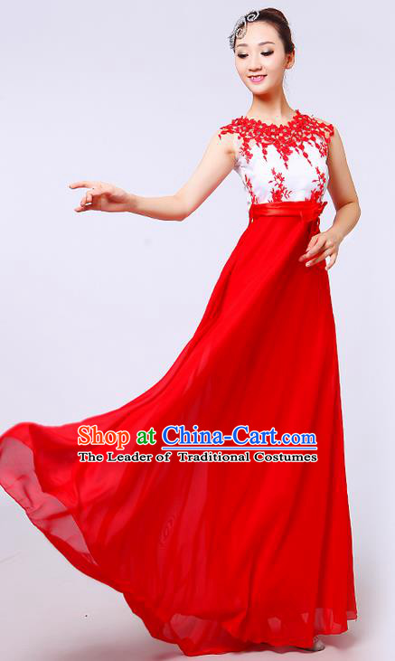 Top Grade Professional Compere Modern Dance Costume, Women Opening Dance Chorus Singing Group Uniforms Red Lace Long Dress for Women
