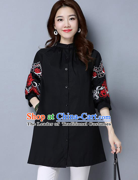 Traditional Chinese National Costume, Elegant Hanfu Embroidery Black Shirt, China Tang Suit Chirpaur Blouse Cheong-sam Upper Outer Garment Qipao Shirts Clothing for Women