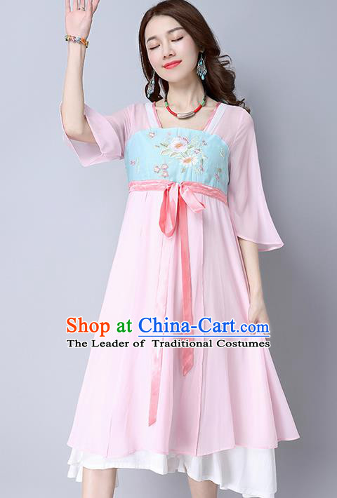 Traditional Ancient Chinese National Costume, Elegant Hanfu Mandarin Qipao Embroidery Pink Dress, China Tang Suit Mandarin Sleeve Chirpaur Republic of China Cheongsam Upper Outer Garment Elegant Dress Clothing for Women