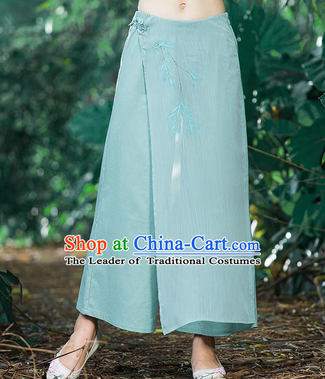 Traditional Chinese National Costume Loose Pants, Elegant Hanfu Hand Painting Bamboo leaves Chiffon Green Wide leg Pants, China Ethnic Minorities Tang Suit Ultra-wide-leg Trousers for Women