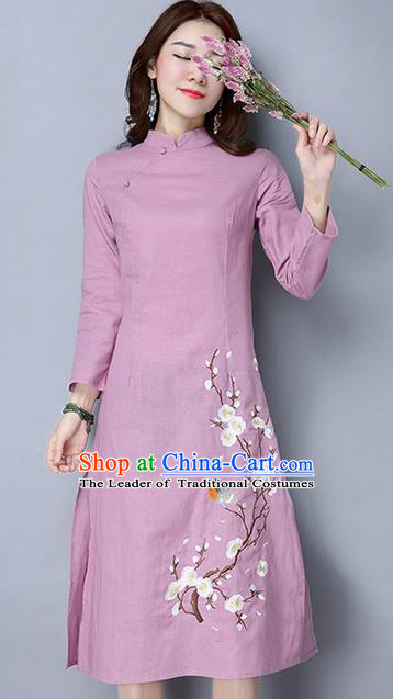 Traditional Ancient Chinese National Costume, Elegant Hanfu Mandarin Qipao Embroidery Peach Blossom Long Sleeve Pink Dress, China Tang Suit Chirpaur Republic of China Cheongsam Upper Outer Garment Elegant Dress Clothing for Women