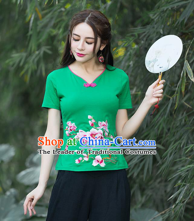 Traditional Chinese National Costume, Elegant Hanfu Embroidery Flowers Green T-Shirt, China Tang Suit Republic of China Plated Buttons Chirpaur Blouse Cheong-sam Upper Outer Garment Qipao Shirts Clothing for Women