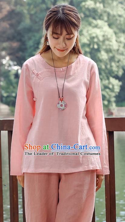 Traditional Chinese National Costume, Elegant Hanfu Linen Slant Opening Pink Shirt, China Tang Suit Republic of China Plated Buttons Chirpaur Blouse Cheong-sam Upper Outer Garment Qipao Shirts Clothing for Women
