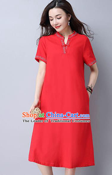 Traditional Ancient Chinese National Costume, Elegant Hanfu Mandarin Qipao Linen Embroidery Red Dress, China Tang Suit Chirpaur Republic of China Cheongsam Upper Outer Garment Elegant Dress Clothing for Women