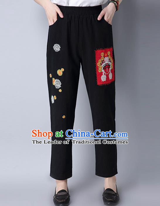 Traditional Chinese National Costume Loose Pants, Elegant Hanfu Embroidered Beijing Opera Facial Masks Black Wide leg Pants, China Ethnic Minorities Tang Suit Ultra-wide-leg Trousers for Women