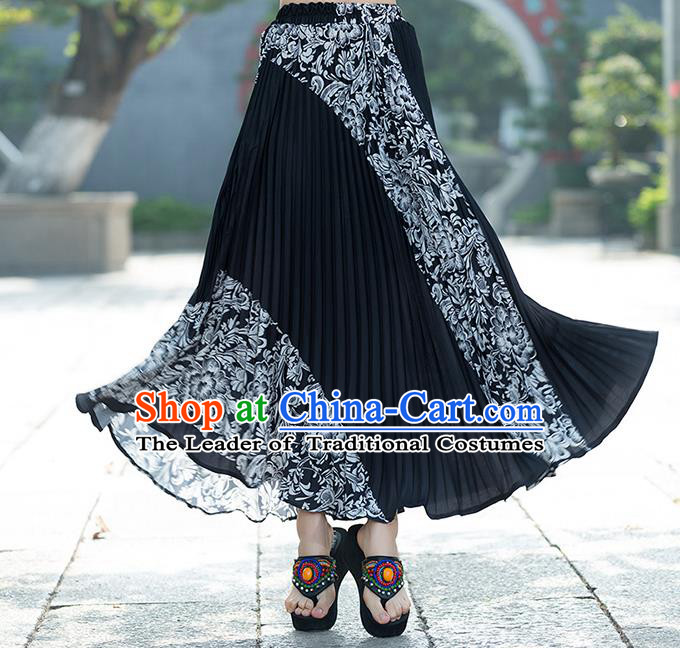 Traditional Ancient Chinese National Pleated Skirt Costume, Elegant Hanfu Chiffon Long Black Dress, China Tang Suit Big Swing Bust Skirt for Women