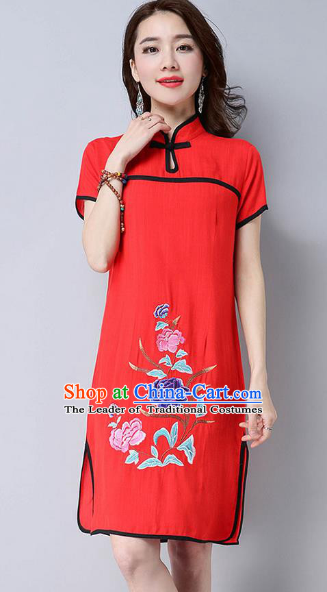 Traditional Ancient Chinese National Costume, Elegant Hanfu Mandarin Qipao Embroider Red Dress, China Tang Suit Chirpaur Republic of China Cheongsam Upper Outer Garment Elegant Dress Clothing for Women