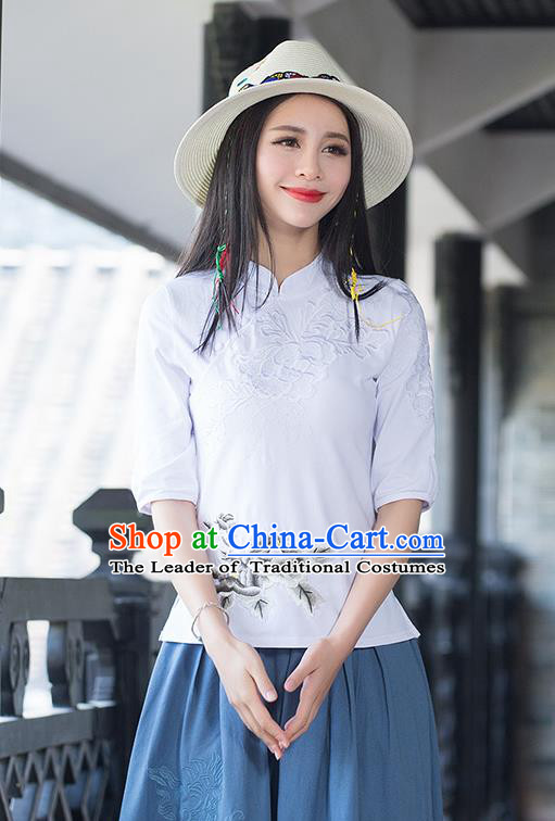 Traditional Chinese National Costume, Elegant Hanfu Stand Collar White T-Shirt, China Tang Suit Plated Buttons Chirpaur Blouse Cheong-sam Upper Outer Garment Qipao Shirts Clothing for Women