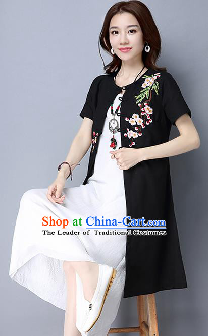 Traditional Ancient Chinese National Costume, Elegant Hanfu Black Embroidery Cardigan Coat, China Tang Suit Plated Buttons Ink Painting Cape, Upper Outer Garment Dust Coat Cloak Clothing for Women