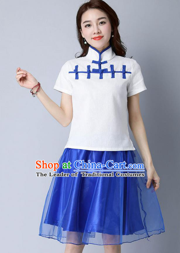 Traditional Chinese National Costume, Elegant Hanfu Stand Collar White T-Shirt, China Tang Suit Republic of China Plated Buttons Chirpaur Blouse Cheong-sam Upper Outer Garment Qipao Shirts Clothing for Women