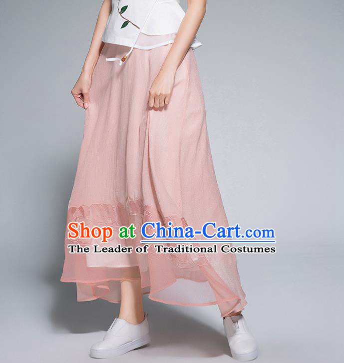 Traditional Ancient Chinese National Pleated Skirt Costume, Elegant Hanfu Chiffon Embroidery Long Pink Dress, China Tang Suit Big Swing Bust Skirt for Women