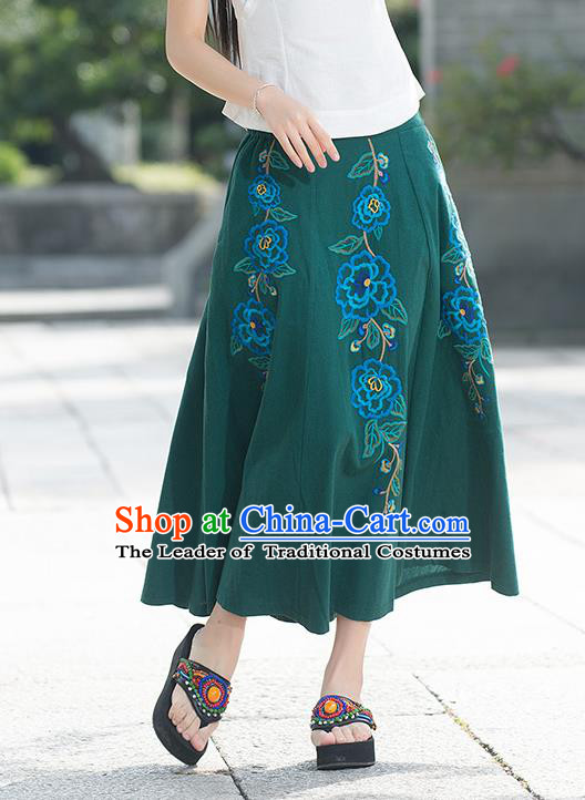 Traditional Ancient Chinese National Pleated Skirt Costume, Elegant Hanfu Linen Embroidery Long Green Dress, China Tang Suit Big Swing Bust Skirt for Women