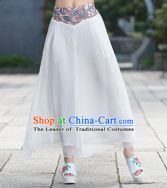 Traditional Chinese National Costume Loose Pants, Elegant Hanfu Embroidered Waistband Chiffon White Wide leg Pants, China Ethnic Minorities Tang Suit Folk Dance Ultra-wide-leg Trousers for Women