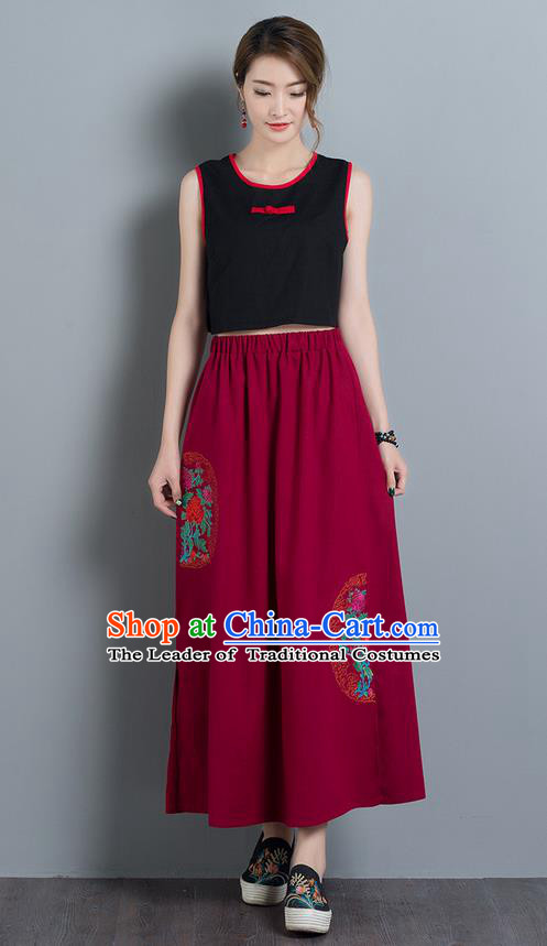 Traditional Ancient Chinese National Pleated Skirt Costume, Elegant Hanfu Embroidery Long Red Dress, China Tang Suit Folk Dance Bust Skirt for Women