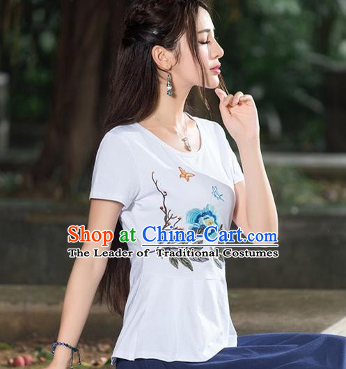 Traditional Chinese National Costume, Elegant Hanfu Embroidery White T-Shirt, China Tang Suit Cheong-sam Upper Outer Garment Qipao Shirts Clothing for Women