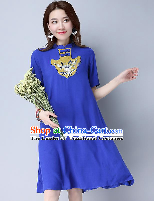 Traditional Ancient Chinese National Costume, Elegant Hanfu Mandarin Qipao Blue Dress, China Tang Suit Chirpaur Republic of China Cheongsam Elegant Dress Clothing for Women