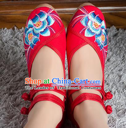 Traditional Chinese Shoes, China Handmade Embroidered Red Height Increasing Shoes, Ancient Princess Shoes for Women