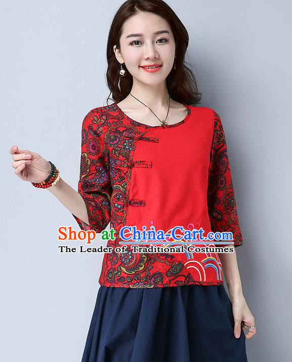 Traditional Chinese National Costume, Elegant Hanfu Embroidery Flowers Linen Red T-Shirt, China Tang Suit Chirpaur Blouse Cheong-sam Upper Outer Garment Qipao Shirts Clothing for Women