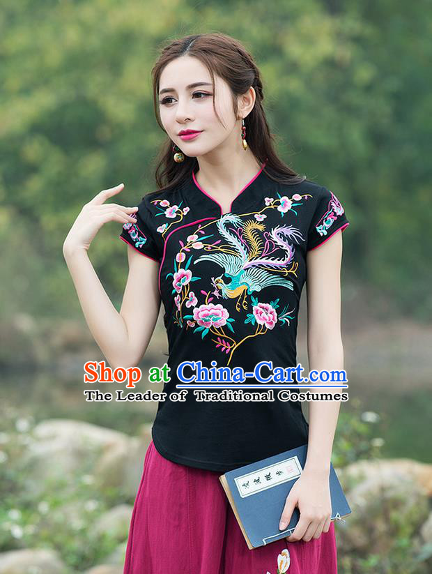 Traditional Chinese National Costume, Elegant Hanfu Embroidery Flowers Stand Collar Black T-Shirt, China Tang Suit Chirpaur Blouse Cheong-sam Upper Outer Garment Qipao Shirts Clothing for Women