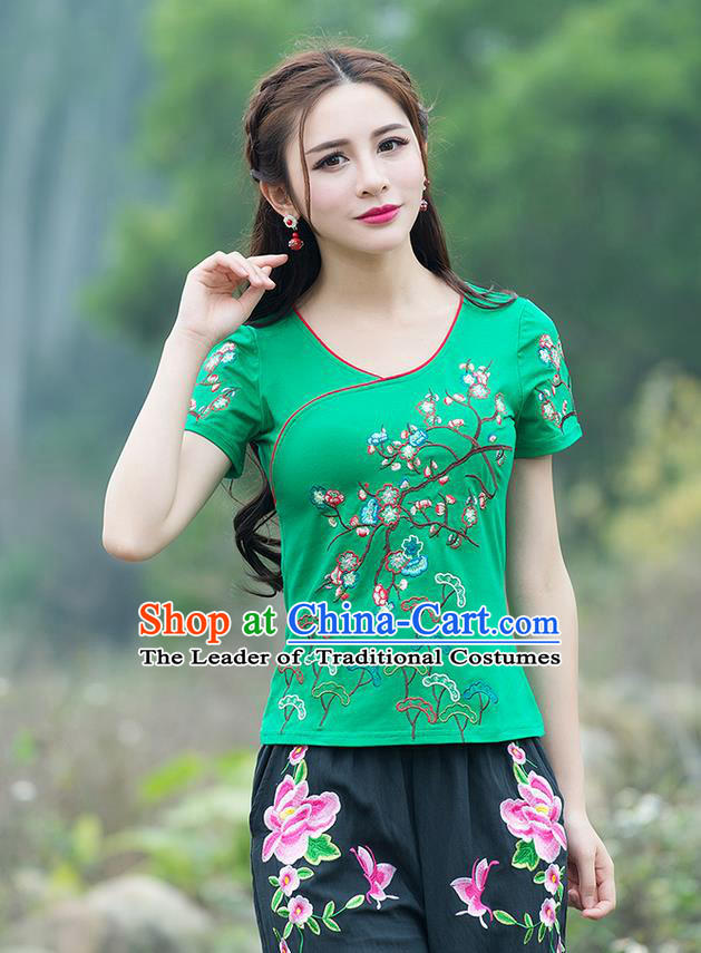 Traditional Chinese National Costume, Elegant Hanfu Embroidery Flowers Green T-Shirt, China Tang Suit Blouse Cheong-sam Upper Outer Garment Qipao Shirts Clothing for Women