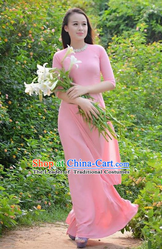 Top Grade Asian Vietnamese Traditional Dress, Vietnam Bride Ao Dai Dress, Princess Wedding Printing Two-piece Pink Dress and Pants Cheongsam Clothing for Women