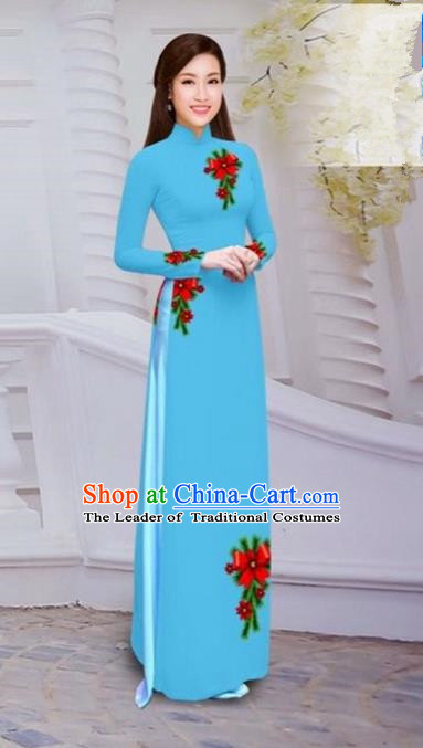Top Grade Asian Vietnamese Traditional Dress, Vietnam Bride Ao Dai Hand Printing Flowers Dress, Vietnam Princess Blue Dress Cheongsam Clothing for Women