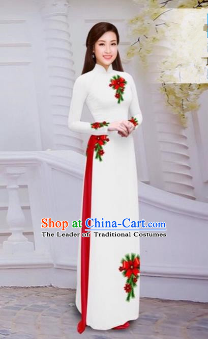 Top Grade Asian Vietnamese Traditional Dress, Vietnam Bride Ao Dai Hand Printing Flowers Dress, Vietnam Princess White Dress Cheongsam Clothing for Women