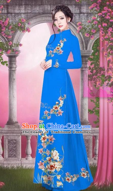 Top Grade Asian Vietnamese Traditional Dress, Vietnam Bride Ao Dai Printing Peach Blossom Flowers Dress, Vietnam Princess Royalblue Dress Cheongsam Clothing for Women