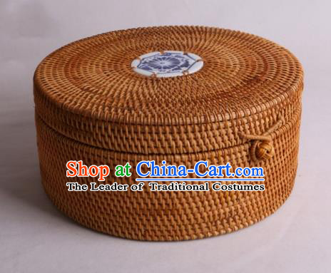 Top Asian Vietnamese Traditional Rattan Plaited Articles, Vietnam Blue and White Porcelain Tea Caddy Handicraft Canister