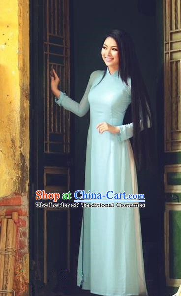 Top Grade Asian Vietnamese Traditional Dress, Vietnam Bride Ao Dai Dress, Vietnam Princess Wedding Blue Silk Dress and Loose Pants Cheongsam Clothing for Women