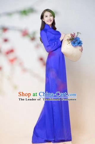 Top Grade Asian Vietnamese Traditional Dress, Vietnam Ao Dai Dress, Vietnam Princess Silk Blue Dress and Pants Hat Complete Set Cheongsam Clothing for Women
