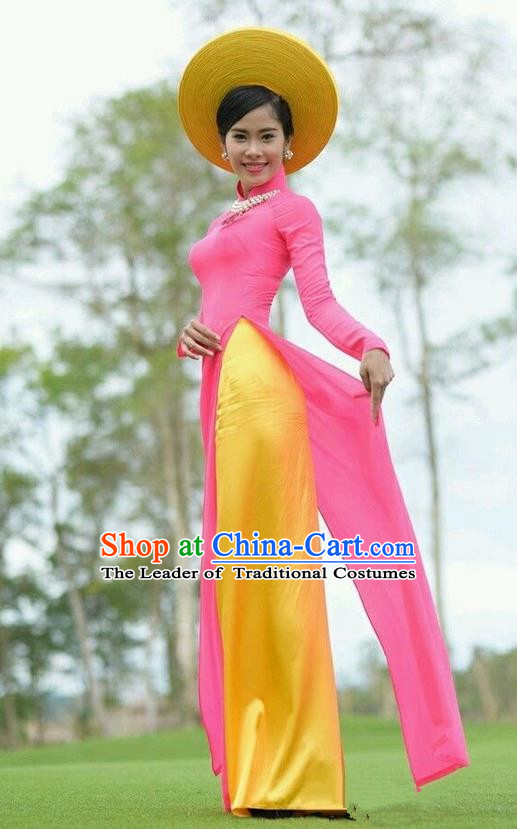 Top Grade Asian Vietnamese Traditional Dress, Vietnam Ao Dai Dress, Vietnam Princess Silk Pink Dress and Pants Hat Complete Set Cheongsam Clothing for Women